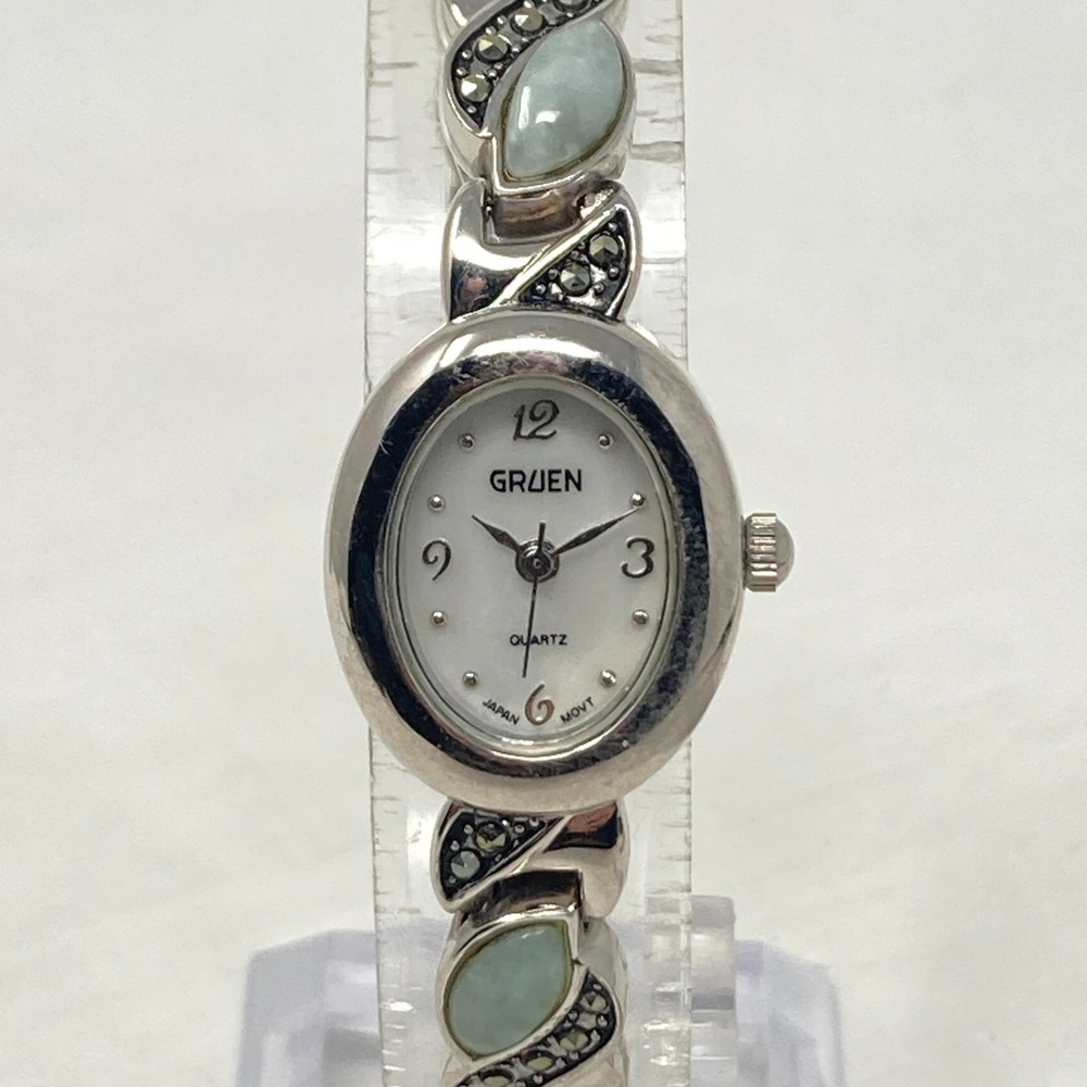 Gruen Womens Watch 19mm Jade Silver Tone Marcasite MOP Dial New Battery 6.5"